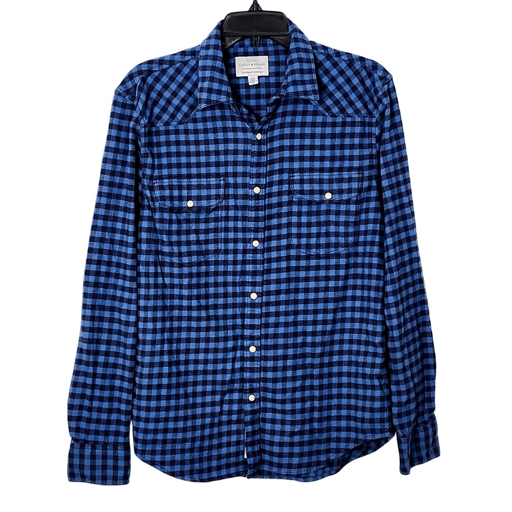 Lucky Brand Saturday Stretch Gingham Plaid Pearl Snap Flannel Shirt Mens‎ Small